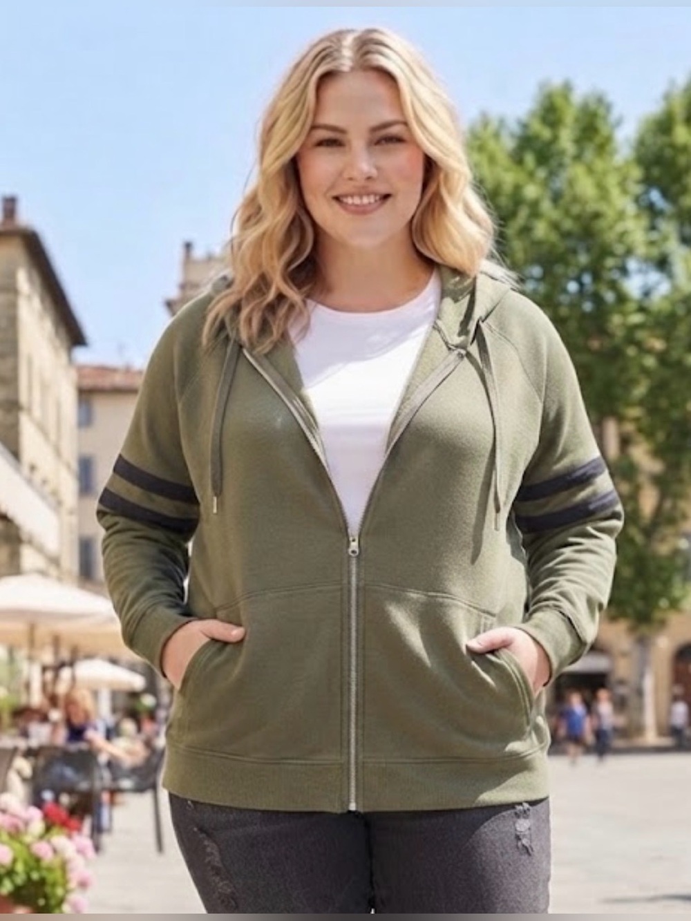 Torrid - Olive Green Zip Hoodie with Black Sleeve Stripes